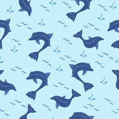 Seamless pattern with cartoon blue dolphins vector