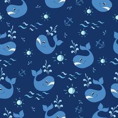 Seamless pattern with cartoon whale