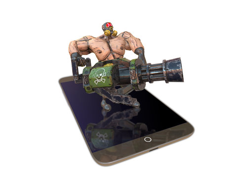 Mobile smartphone and game character heavy machine gun with minigun in hand, on isolate white background 3d render