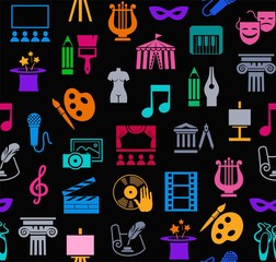 Art & culture, background, seamless, black. Vector background with images of objects of culture, leisure and entertainment. Colorful, flat icons on a black background. 