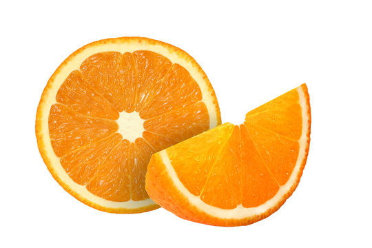 cut orange fruits isolated on white background with clipping pat