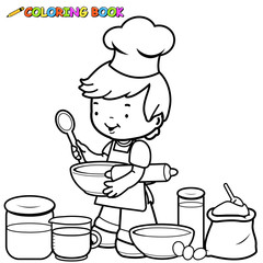 Little boy playing with cooking utensils. Vector black and white coloring page.