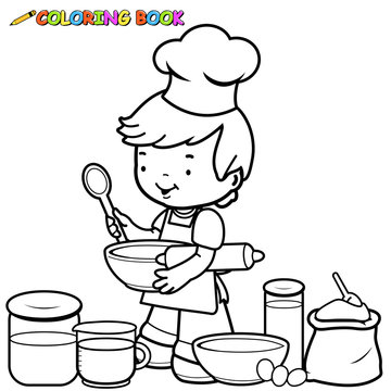 Little boy playing with cooking utensils. Vector black and white coloring page.