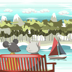 The illustration. The cat and mouse sitting on a red bench. On the river floats sailing ship. On the river beach, followed by forest and mountains with snowy peaks. In the sky clouds.