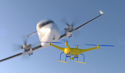 3D render of UAV drone and small airplane narrowly avoiding a mid-air collision. Fictitious UAV and generic aircraft; lens flare, depth-of-field and motion blur for dramatic effect.