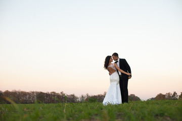 Groom hugs a stylish bride in open-back gown on the field