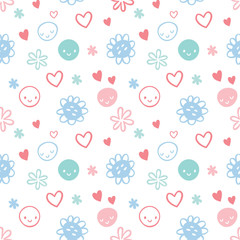 Seamless baby pattern with smileys, flowers, harts.