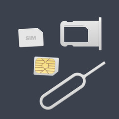 Small Nano Sim Card, Sim Card Tray and Eject Pin for Smartphone. Vector objects isolated on white. Realistic vector icons. Top view.