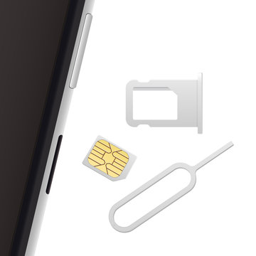 Smartphone, Small Nano Sim Card, Sim Card Tray and Eject Pin. Vector objects isolated on white. Realistic vector icons. Top view.