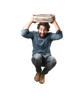 crazy man jumping. surprised expression