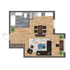 Architectural Color Floor Plan. Studio Apartment Vector Illustration. Top View Furniture Set. Living room, Kitchen, Bathroom. Sofa, Armchair, Bed, Dining Table, Chair, Carpet.