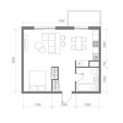 Architectural Floor Plan with Dimensions. Studio Apartment Vector Illustration. Top View Furniture Set. Living room, Kitchen, Bathroom. Sofa, Armchair, Bed, Dining Table, Chair, Carpet.