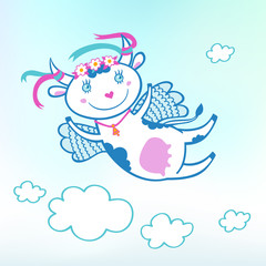 Illustration of flying funny cow in the sky with clouds