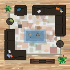 Sofa, Armchair, Pillows, Carpet, Coffee Table, Pouf, Plants Vector Illustration.Furniture Set for Interior Design. Scene Creator. Top View. Architectural Floor Plan. Dark Sofas on Wood Parquet