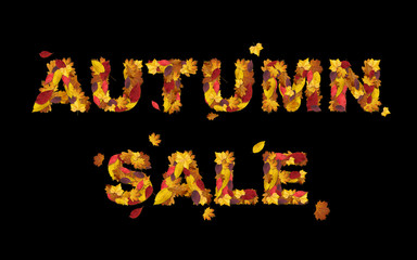 Word autumn sale made of autumn leaves isolated on black. Autumn sale banner.