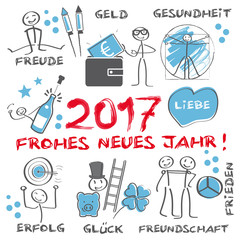 2017 Frohes neues Jahr illustrierte Grußkarte mit Symbolen