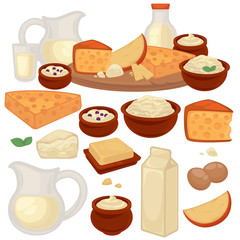 Set of healthy dairy products: milk, cottage cheese, butter, yogurt, sour cream, eggs.