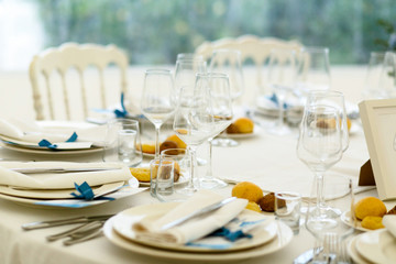 Little cookies on white plates stand around the crockery on dinn