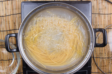 Closed up spaghetti boiling in the pan