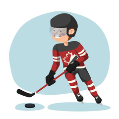 Ice hockey player with the puck on the ice.