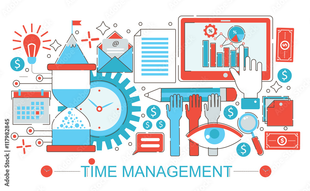 Poster modern flat thin line design time management concept for web banner website, presentation, flyer and
