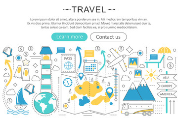 Naklejka premium Vector elegant thin line flat modern Art design Travel tourist travelling concept. Websiteheader banner elements layout. Presentation, flyer and poster.
