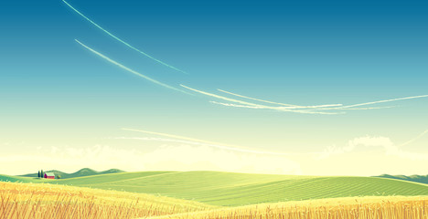 Rural landscape with wheat and house, is created for use as a background image. © Rustic