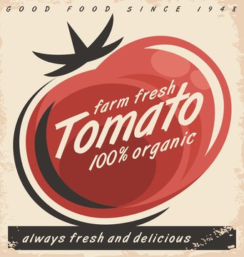 Tomatoes retro ad design with red juicy tomato on old paper texture