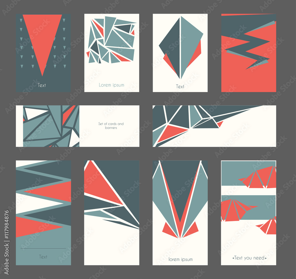 Poster beautiful set of business cards and banners based on triangles and red and blue colors. vector geome