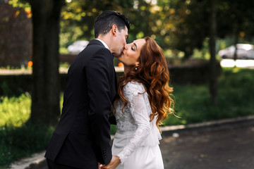 Brunette groom kisses a bride with gorgeous face traits