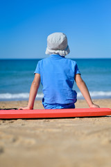 Back view of young man looking at the ocean on sunny beach, sitting on surf board