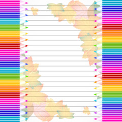 School notebook background with yellow and orange autumn leaves and colorful pencils on page of copybook in line. Back to school. Teacher's day. Raster illustration