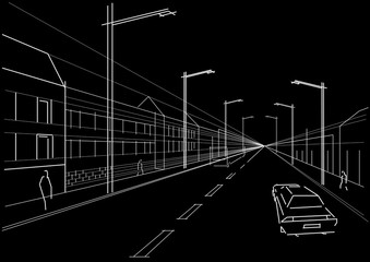 linear architectural sketch city street on black background