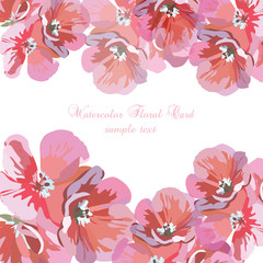 Naklejka premium Greeting card with pink watercolor flowers. Roses watercolor Invitation for wedding, birthday and other holiday. Summer background. Vector illustration floral poster