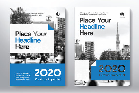Blue Color Scheme with City Background Business Book Cover Design Template in A4. Easy to adapt to Brochure, Annual Report, Magazine, Poster, Corporate Presentation, Portfolio, Flyer, Banner, Website