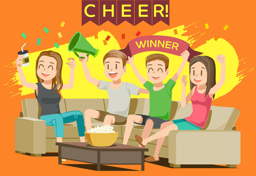 Cheer sport in home. Party with friend or family. People excited While Watching television.