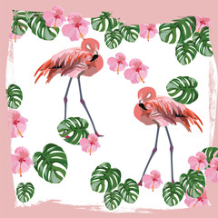 Flamingo birds and palm leaves Vector card. Tropic Exotic background