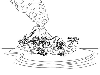 Volcano island mountain sea graphic art black white sketch landscape illustration vector