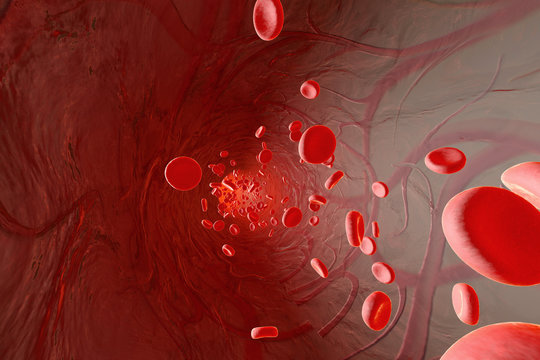 Erythrocyte cells flowing in an artery, D Rendering