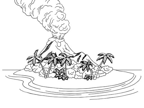 Volcano island mountain sea graphic art black white sketch landscape illustration vector