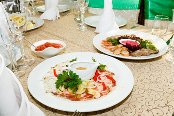 Dishes on a banquet table.