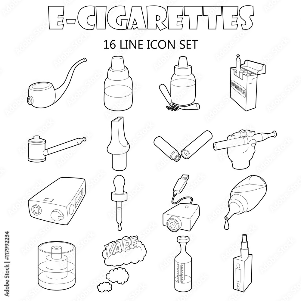 Poster outline e-cigarettes icons set. universal e-cigarettes icons to use for web and mobile ui, set of ba