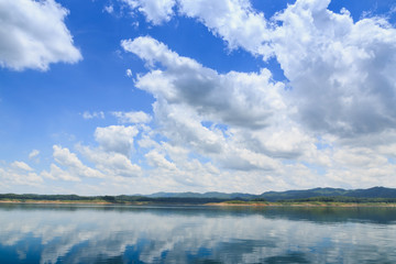 Landscapes blue sky with white clouds  water reflection shadow