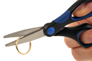 Concept de divorce avec des ciseaux coupant une allaince