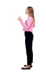 Back view of  woman thumbs up. Rear view people collection. backside view of person. Isolated over white background. She is a cancer and raised thumbs up approving.