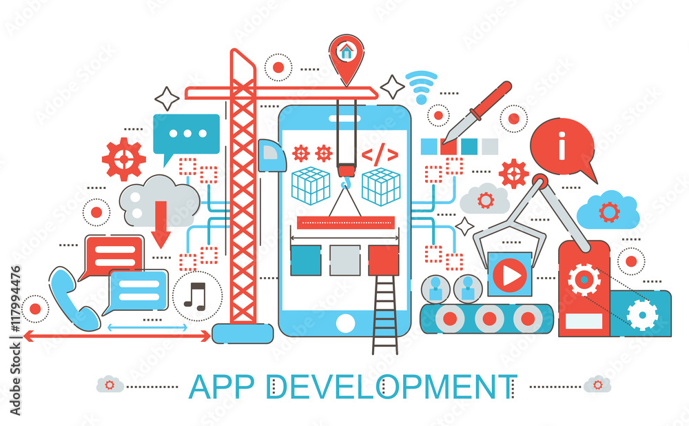 Poster Modern Flat thin Line design App development concept for web banner website, presentation, flyer and poster.