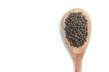 Black pepper grains into a spoon