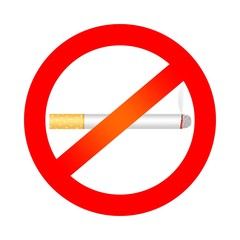 No smoking sign with a burning cigarette and the smoke and red prohibition sign on a white background
