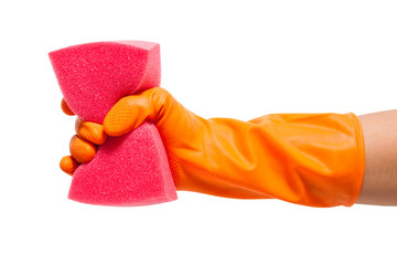 hand in glove holding sponge on white background.