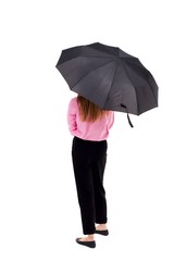 young woman under an umbrella. Rear view people collection.  backside view of person.  Isolated over white background. Woman office worker in a pink shirt hiding under an umbrella.